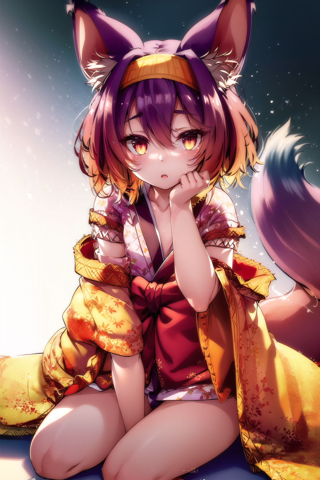 01809-3128147556-((masterpiece, best quality_1.2)), (ultra-detailed_1.2), , kimono, hairband, fox ears, fox tail, sitting, hand between legs, han.png